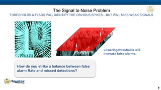 8 
The Signal to Noise Problem 
THRESHOLDS & FLAGS WILL IDENTIFY THE OBVIOUS SPIKES…BUT WILL MISS WEAK SIGNALS 
Lowering thresholds will 
increase false alarms. 
How do you strike a balance between false 
alarm Rate and missed detections? 
 