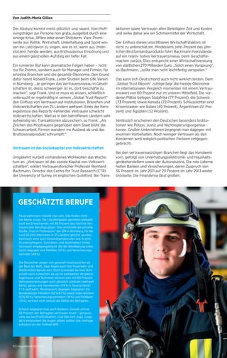 Von Judith-Maria Gillies 
Der Absturz kommt meist plötzlich und rasant. Vom Hoff-nungsträger 
zur Persona non grata, ausgelöst durch eine 
einzige Krise, Affäre oder einen Shitstorm: Viele Promi-nente 
aus Politik, Wirtschaft, Unterhaltung und Sport wis-sen 
ein Lied davon zu singen, wie es ist, wenn aus Unter-stützern 
Feinde werden, aus Enthusiasmus Empörung und 
aus einem glanzvollen Aufstieg ein tiefer Fall. 
Ein ruinierter Ruf kann dramatische Folgen haben – nicht 
nur für Promis, sondern auch für Manager und Firmen, für 
einzelne Branchen und die gesamte Ökonomie. Den Grund 
dafür nennt Ronald Frank, Leiter Studien beim GfK Verein 
in Nürnberg: „Je geringer das Vertrauensniveau in Gesell-schaften 
ist, desto schwieriger ist es, dort Geschäfte zu 
machen“, sagt Frank. Und er muss es wissen, schließlich 
untersucht er regelmäßig in seinem „Global Trust Report“ 
den Einfluss von Vertrauen auf Institutionen, Branchen und 
Volkswirtschaften von 25 Ländern weltweit. Eines der Kern­ergebnisse 
des Reports: Fehlendes Vertrauen schwächt 
Volkswirtschaften. Weil es in den betroffenen Ländern sehr 
aufwendig sei, Transaktionen abzusichern, so Frank: „Als 
Zeichen des Misstrauens gegenüber dem Staat blüht die 
Schwarzarbeit, Firmen wandern ins Ausland ab und das 
Bruttosozialprodukt schrumpft.“ 
Vertrauen ist das Sozialkapital von Volkswirtschaften 
Umgekehrt kurbelt vorhandenes Wohlwollen das Wachs-tum 
an. „Vertrauen ist das soziale Kapital von Volkswirt-schaften“, 
erklärt Vertrauensforscher Professor Reinhard 
Bachmann, Director des Centre for Trust Research (CTR) 
der University of Surrey im englischen Guildford. Bei Trans-aktionen 
GESCHÄTZTE BERUFE 
Feuerwehrmann müsste man sein. Das finden nicht 
nur kleine Jungs. Die Löschbrigaden genießen weltweit 
auch bei Erwachsenen mit 90 Prozent das höchste Ver-trauen 
aller Berufsgruppen. Dies ermittelte die aktuelle 
Studie „Trust in Professions“ der GfK in Nürnberg, für die 
rund 28.000 Interviews in 25 Ländern geführt wurden. 
Demnach wird auch Gesundheitsberufen wie Ärzten, 
Krankenpflegern, Sanitätern und Apothekern hohes 
Vertrauen entgegengebracht. Bei der Bevölkerung unten 
durch dagegen sind Politiker (31%) und Versicherungs-vertreter 
(48 %). 
Die Deutschen zeigen sich generell misstrauischer als 
der Rest der Welt. Zwar liegen auch hier Feuerwehr und 
Weiße-Kittel-Berufe vorn. Doch schneidet die freie Wirt-schaft 
noch schlechter ab als im weltweiten Vergleich. 
Ingenieure und Techniker können sich mit 80 Prozent 
Vertrauensnennungen noch glücklich schätzen (weltweit 
84%), genau wie Handwerker (74% in Deutschland/ 
77% weltweit). Misstrauisch dagegen begegnen die 
Bundesbürger Händlern (52%/67%) sowie Unternehmern 
(51%/61%). Versicherungsvertretern (19%) und Politikern 
(15%) vertraut nicht einmal die Hälfte der Befragten. 
Kritisch begegnet man auch Bankern. Gerade einmal 
39 Prozent der Befragten vertrauen ihnen – genauso 
viele wie bei Profifußballern. Und falls sich Jogis Jungs 
jetzt verwundert die Augen reiben sollten: Die Umfrage 
entstand vor der Fußball-WM. 
10 | HaysWorld 02/2014 
spare Vertrauen allen Beteiligten Zeit und Kosten 
und wirke daher wie ein Schmiermittel der Wirtschaft. 
Der Einfluss dieses unsichtbaren Wirtschaftsfaktors ist 
nicht zu unterschätzen. Mindestens zehn Prozent des jähr­lichen 
Bruttoinlandsprodukts führt Bachmann hierzulande 
auf ein relativ hohes Vertrauensniveau beim Geschäfte­machen 
zurück. Dies entspricht einer Wirtschaftsleistung 
von stattlichen 270 Milliarden Euro. „Solch einen Vorsprung“, 
so Bachmann, „sollte man nicht leichtfertig verspielen.“ 
Das kann sich Deutschland auch nicht wirklich leisten. Dem 
„Global Trust Report“ zufolge liegt die hiesige Ökonomie 
im internationalen Vergleich momentan mit einem Vertrau-enswert 
von 60 Prozent nur im unteren Mittelfeld. Die vor-deren 
Plätze belegen Südafrika (77 Prozent), die Schweiz 
(73 Prozent) sowie Kanada (72 Prozent). Schlusslichter sind 
Krisenstaaten wie Italien (49 Prozent), Argentinien (51 Pro-zent) 
und Ägypten (52 Prozent). 
Verlässlich erscheinen den Deutschen besonders Institu-tionen 
wie Polizei, Justiz und Nichtregierungsorganisa­tionen. 
Großen Unternehmen begegnet man dagegen mit 
enormen Vorbehalten. Noch weniger Vertrauen als den 
Konzernen wird lediglich politischen Parteien entgegen­gebracht. 
Bei den vertrauenswürdigen Branchen liegt das Handwerk 
vorn, gefolgt von Unterhaltungselektronik- und Haushalts-geräteherstellern 
sowie der Autoindustrie. Die rote Laterne 
halten Banken und Versicherungen, deren Zuspruch von 
36 Prozent im Jahr 2011 auf 29 Prozent im Jahr 2013 weiter 
bröckelte. Die Finanzkrise lässt grüßen. 
 