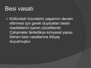 Besi vasatı


Kültürdeki hücrelerin yaşamını devam
ettirmesi için gerek duydukları besin
maddelerini içeren çözeltilerdir.
Çalışmalar ilerledikçe kimyasal yapısı
bilinen besi vasatlarına ihtiyaç
duyulmuştur.

 
