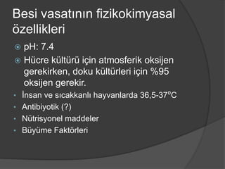 Besi vasatının fizikokimyasal
özellikleri
pH: 7.4
 Hücre kültürü için atmosferik oksijen
gerekirken, doku kültürleri için %95
oksijen gerekir.


• İnsan ve sıcakkanlı hayvanlarda 36,5-37⁰C
• Antibiyotik (?)
• Nütrisyonel maddeler
• Büyüme Faktörleri

 