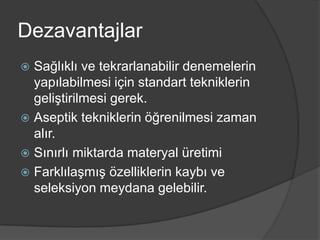 Dezavantajlar
Sağlıklı ve tekrarlanabilir denemelerin
yapılabilmesi için standart tekniklerin
geliştirilmesi gerek.
 Aseptik tekniklerin öğrenilmesi zaman
alır.
 Sınırlı miktarda materyal üretimi
 Farklılaşmış özelliklerin kaybı ve
seleksiyon meydana gelebilir.


 