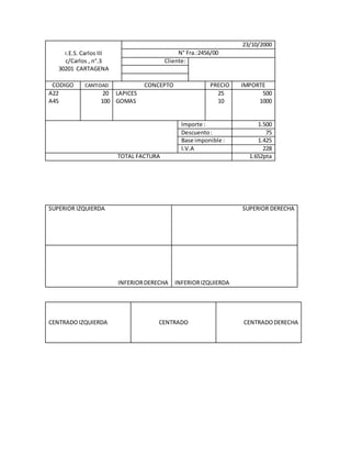 I.E.S. Carlos III
c/Carlos , n°.3
30201 CARTAGENA
23/10/2000
N° Fra.:2456/00
Cliente:
CODIGO CANTIDAD CONCEPTO PRECIO IMPORTE
A22
A45
20
100
LAPICES
GOMAS
25
10
500
1000
Importe : 1.500
Descuento: 75
Base imponible : 1.425
I.V.A 228
TOTAL FACTURA 1.652pta
SUPERIOR IZQUIERDA SUPERIOR DERECHA
INFERIORDERECHA INFERIORIZQUIERDA
CENTRADOIZQUIERDA CENTRADO CENTRADODERECHA
 