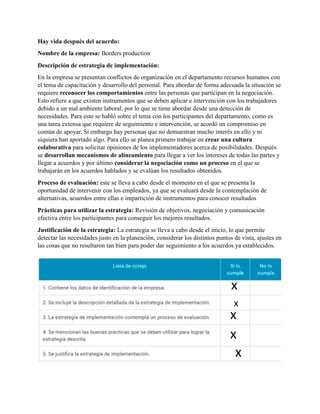 Hay vida después del acuerdo:
Nombre de la empresa: Borders production
Descripción de estrategia de implementación:
En la empresa se presentan conflictos de organización en el departamento recursos humanos con
el tema de capacitación y desarrollo del personal. Para abordar de forma adecuada la situación se
requiere reconocer los comportamientos entre las personas que participan en la negociación.
Esto refiere a que existen instrumentos que se deben aplicar e intervención con los trabajadores
debido a un mal ambiente laboral, por lo que se tiene abordar desde una detección de
necesidades. Para esto se habló sobre el tema con los participantes del departamento, como es
una tarea extensa que requiere de seguimiento e intervención, se acordó un compromiso en
común de apoyar. Si embargo hay personas que no demuestran mucho interés en ello y ni
siquiera han aportado algo. Para ello se planea primero trabajar en crear una cultura
colaborativa para solicitar opiniones de los implementadores acerca de posibilidades. Después
se desarrollan mecanismos de alineamiento para llegar a ver los intereses de todas las partes y
llegar a acuerdos y por último considerar la negociación como un proceso en el que se
trabajarán en los acuerdos hablados y se evalúan los resultados obtenidos.
Proceso de evaluación: este se lleva a cabo desde el momento en el que se presenta la
oportunidad de intervenir con los empleados, ya que se evaluará desde la contemplación de
alternativas, acuerdos entre ellas e impartición de instrumentos para conocer resultados
Prácticas para utilizar la estrategia: Revisión de objetivos, negociación y comunicación
efectiva entre los participantes para conseguir los mejores resultados.
Justificación de la estrategia: La estrategia se lleva a cabo desde el inicio, lo que permite
detectar las necesidades justo en la planeación, considerar los distintos puntos de vista, ajustes en
las cosas que no resultaron tan bien para poder dar seguimiento a los acuerdos ya establecidos.
x
x
x
x
x
 