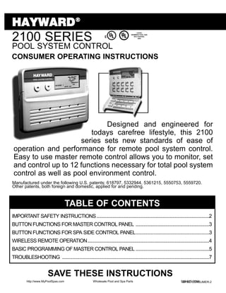 HAYWARD®
2100 SERIES
                                                                                            LISTED
                                                                                      SWIMMING POOL AND
                                                                                         SPA CONTROL
                                                                                             3Z62




POOL SYSTEM CONTROL
CONSUMER OPERATING INSTRUCTIONS




                              Designed and engineered for
                          todays carefree lifestyle, this 2100
                      series sets new standards of ease of
 operation and performance for remote pool system control.
 Easy to use master remote control allows you to monitor, set
 and control up to 12 functions necessary for total pool system
 control as well as pool environment control.
Manufactured under the following U.S. patents: 618797, 5332944, 5361215, 5550753, 5559720.
Other patents, both foreign and domestic, applied for and pending.



                                      TABLE OF CONTENTS
IMPORTANT SAFETY INSTRUCTIONS..................................................................................................2
BUTTON FUNCTIONS FOR MASTER CONTROL PANEL ................................................................3
BUTTON FUNCTIONS FOR SPA SIDE CONTROL PANEL................................................................3
WIRELESS REMOTE OPERATION..........................................................................................................4
BASIC PROGRAMMING OF MASTER CONTROL PANEL ................................................................5
TROUBLESHOOTING ................................................................................................................................7


                         SAVE THESE INSTRUCTIONS
          http://www.MyPoolSpas.com                       Wholesale Pool and Spa Parts                                    920-925-3094
                                                                                                                           ISPSC CONSUMER-2
 