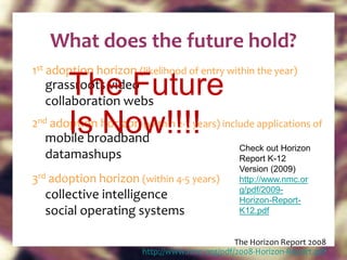 What does the future hold? 1 st  adoption horizon  (likelihood of entry within the year) 2 nd  adoption horizon  (within 2-3 years) include applications of 3 rd  adoption horizon  (within 4-5 years) The Horizon Report 2008  http:// www.nmc.org/pdf/2008-Horizon-Report.pdf   grassroots video collaboration webs mobile broadband datamashups collective intelligence  social operating systems Check out Horizon Report K-12 Version (2009) http://www.nmc.org/pdf/2009-Horizon-Report-K12.pdf   The Future Is Now!!!! 
