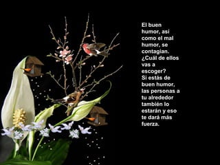El buen
humor, así
como el mal
humor, se
contagian.
¿Cuál de ellos
vas a
escoger?
Si estás de
buen humor,
las personas a
tu alrededor
también lo
estarán y eso
te dará más
fuerza.
 