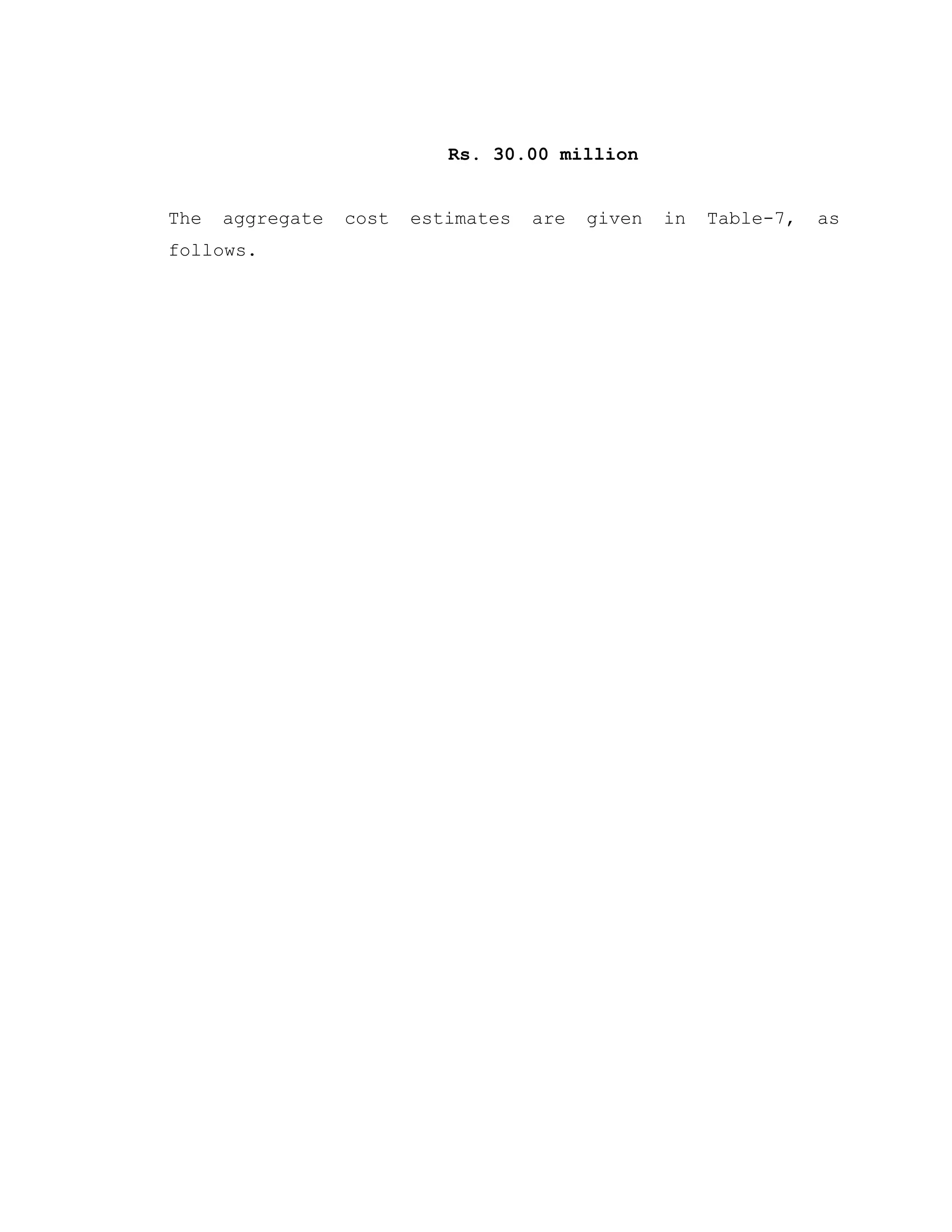 Rs. 30.00 million
The aggregate cost estimates are given in Table-7, as
follows.
 