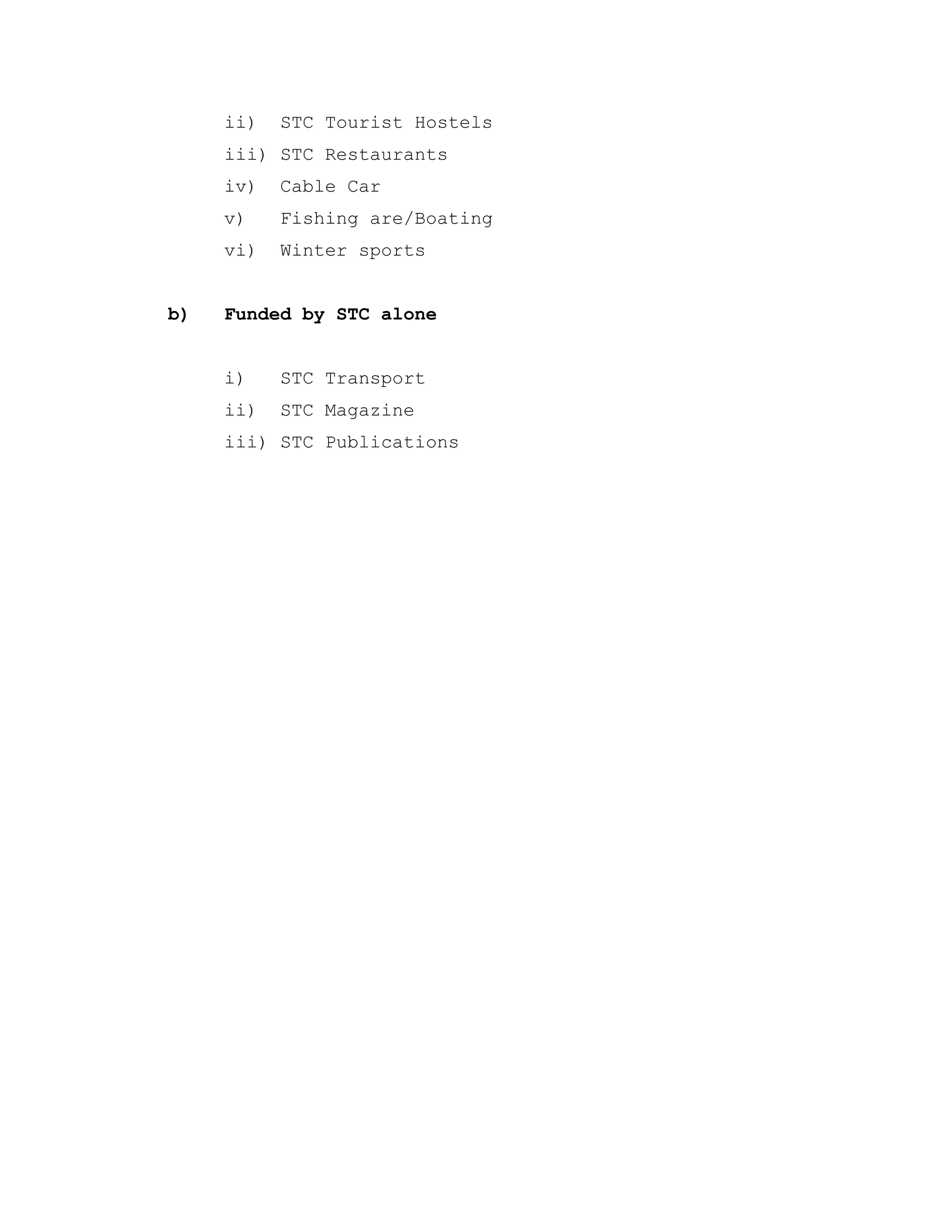 ii) STC Tourist Hostels
iii) STC Restaurants
iv) Cable Car
v) Fishing are/Boating
vi) Winter sports
b) Funded by STC alone
i) STC Transport
ii) STC Magazine
iii) STC Publications
 