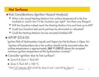 Hot Surfaces
Risk Considerations (Ignition Hazard Analysis):
What is the actual Heating Medium line surface temperature? Is the line
insulated or could it be ? Is the insulation gas tight? Are there any flanges?
Will the Gasoline indeed reach the Heating Medium line and heat up to AIT?
Could any Gasoline leak points perhaps be eliminated or relocated?
Could the Heating Medium line be rerouted/shielded off?
API RP 2216-03:
Copyright of Shell Projects & Technology 19
October 2012
RESTRICTED
API RP 2216-03:
Ignition Risk of Hydrocarbon Liquids and Vapors by Hot Surfaces in Open Air:
“ignition of hydrocarbons by a hot surface should not be assumed unless the
surface temperature is approximately 360 °F (182°C) above the accepted
minimum ignition temperature of the hydrocarbon involved.”
Consider ignition due to hot surface*:
Zone 0 & Zone 1: fluid AIT
Zone 2: fluid AIT + 180 °C.
* EN1127 indicates 80% of AIT for Zone 0 and 1 and AIT for Zone 2
 