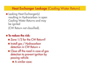 Heat Exchanger Leakage (Cooling Water Return)
Leaking Heat Exchanger(s)
resulting in Hydrocarbon in open
Cooling Water Returns and may
be ignited
(CW Return not classified).
To reduce the risk:
To reduce the risk:
Zone 1/2 for the CW Return?
Install gas / Hydrocarbon
detection in CW Return +
Close off the road in case of gas
detection to prevent ignition by
passing vehicle
A similar case:
 