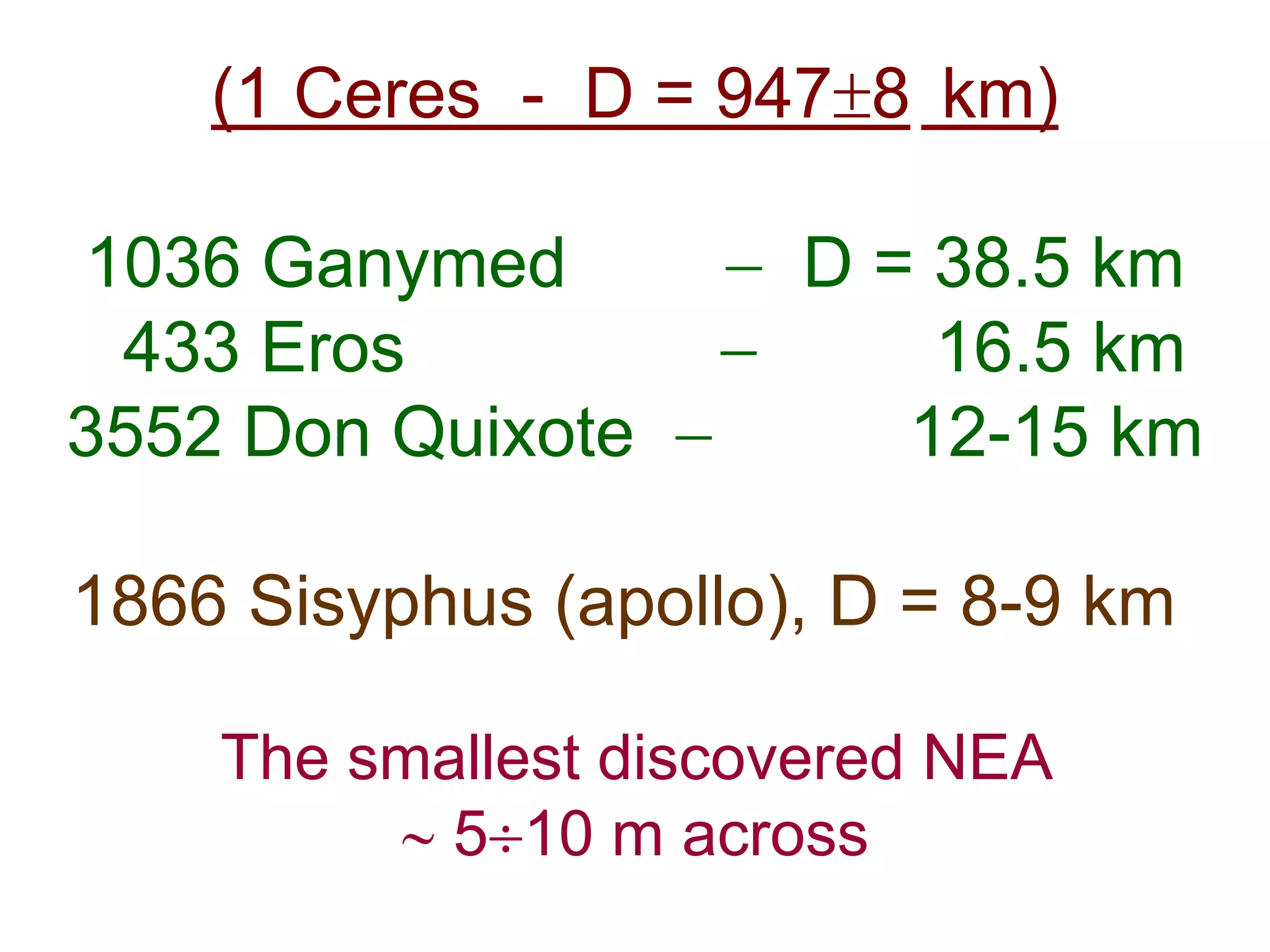 (1 Ceres - D = 9478 km)
1036 Ganymed  D = 38.5 km
433 Eros  16.5 km
3552 Don Quixote  12-15 km
1866 Sisyphus (apollo), D = 8-9 km
The smallest discovered NEA
 510 m across
 