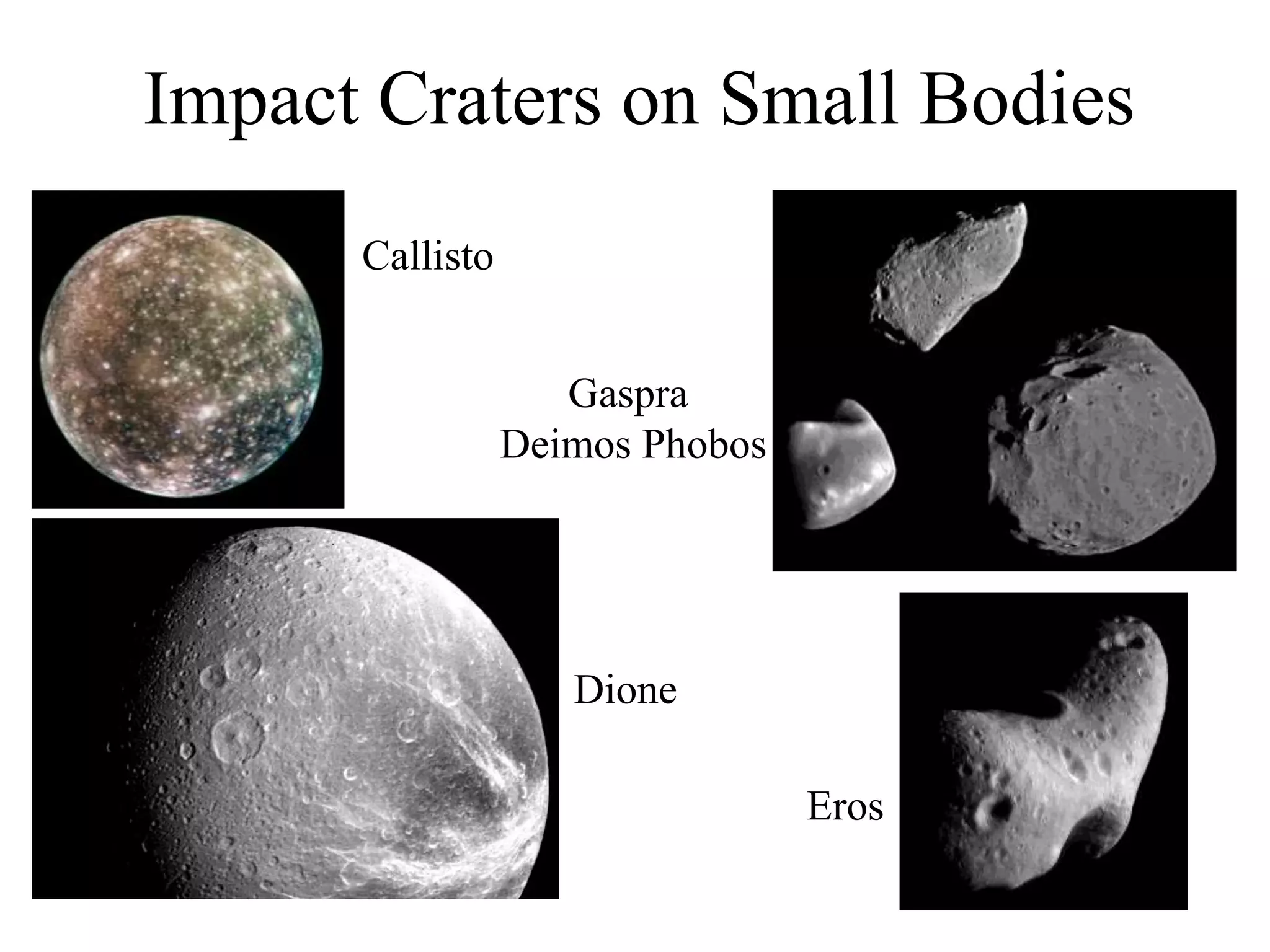 Callisto
Dione
Impact Craters on Small Bodies
Gaspra
Deimos Phobos
Eros
 