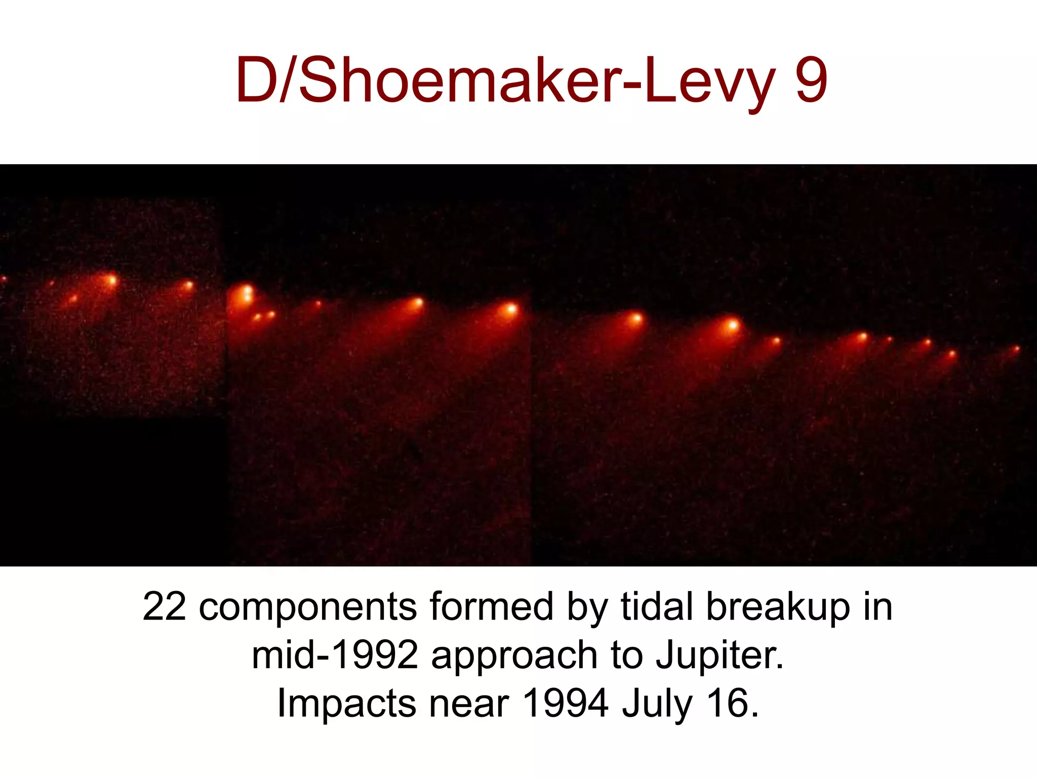 D/Shoemaker-Levy 9
22 components formed by tidal breakup in
mid-1992 approach to Jupiter.
Impacts near 1994 July 16.
 