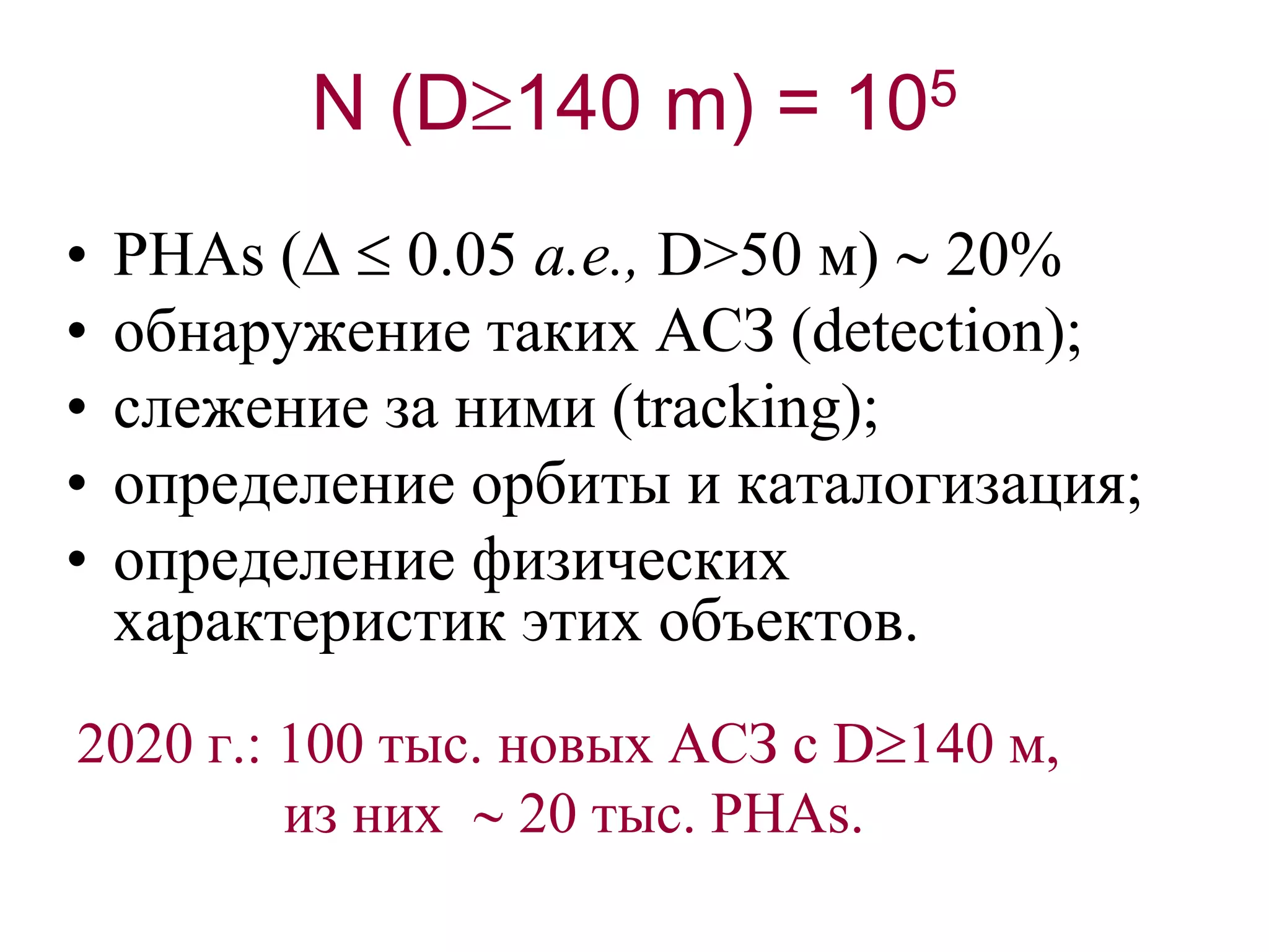 N (D140 m) = 105
• PHAs (  0.05 а.е., D>50 м)  20%
• обнаружение таких АСЗ (detection);
• слежение за ними (tracking);
• определение орбиты и каталогизация;
• определение физических
характеристик этих объектов.
2020 г.: 100 тыс. новых АСЗ с D140 м,
из них  20 тыс. PHAs.
 