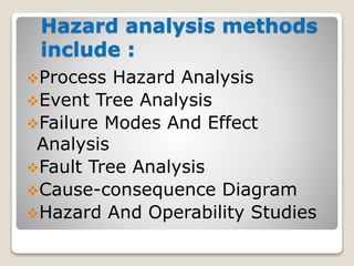Hazard analysis methods
include :
Process Hazard Analysis
Event Tree Analysis
Failure Modes And Effect
Analysis
Fault Tree Analysis
Cause-consequence Diagram
Hazard And Operability Studies
 