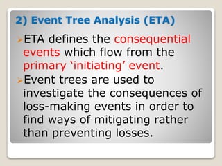 2) Event Tree Analysis (ETA)
ETA defines the consequential
events which flow from the
primary ‘initiating’ event.
Event trees are used to
investigate the consequences of
loss-making events in order to
find ways of mitigating rather
than preventing losses.
 