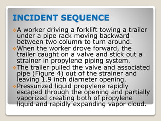 INCIDENT SEQUENCE
A worker driving a forklift towing a trailer
under a pipe rack moving backward
between two column to turn around.
When the worker drove forward, the
trailer caught on a valve and stick out a
strainer in propylene piping system.
The trailer pulled the valve and associated
pipe (Figure 4) out of the strainer and
leaving 1.9 inch diameter opening.
Pressurized liquid propylene rapidly
escaped through the opening and partially
vaporized creating both of propylene
liquid and rapidly expanding vapor cloud.
 