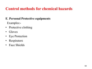 Control methods for chemical hazards
E. Personal Protective equipments
Examples:-
• Protective clothing
• Gloves
• Eye Protection
• Respirators
• Face Shields
14
 