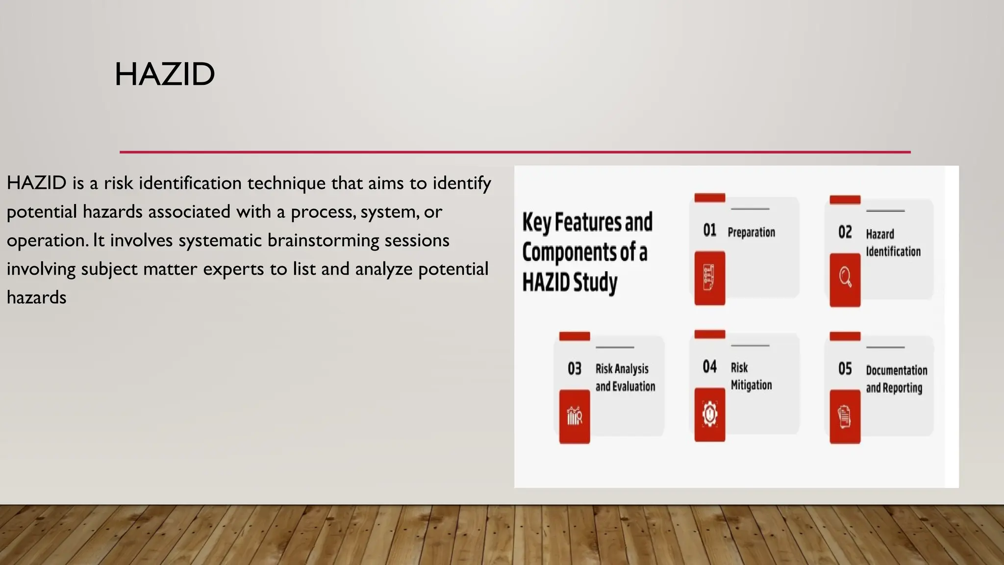 HAZID
HAZID is a risk identification technique that aims to identify
potential hazards associated with a process, system, or
operation. It involves systematic brainstorming sessions
involving subject matter experts to list and analyze potential
hazards
 