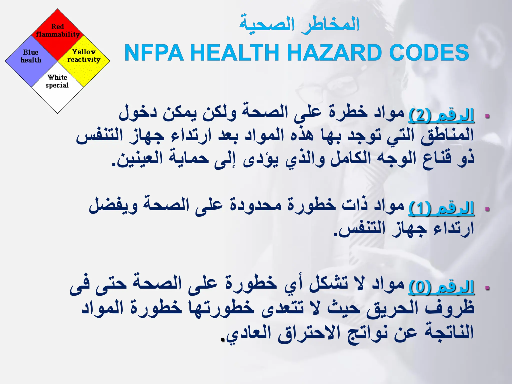 ‫الصحية‬ ‫المخاطر‬
NFPA HEALTH HAZARD CODES
▪
‫الرقم‬
(
2
)
‫دخول‬ ‫يمكن‬ ‫ولكن‬ ‫الصحة‬ ‫على‬ ‫خطرة‬ ‫مواد‬
‫التنفس‬ ‫جهاز‬ ‫ارتداء‬ ‫بعد‬ ‫المواد‬ ‫هذه‬ ‫بها‬ ‫توجد‬ ‫التي‬ ‫المناطق‬
‫العينين‬ ‫حماية‬ ‫إلى‬ ‫يؤدى‬ ‫والذي‬ ‫الكامل‬ ‫الوجه‬ ‫قناع‬ ‫ذو‬
.
▪
‫الرقم‬
(
1
)
‫ويفضل‬ ‫الصحة‬ ‫على‬ ‫محدودة‬ ‫خطورة‬ ‫ذات‬ ‫مواد‬
‫التنفس‬ ‫جهاز‬ ‫ارتداء‬
.
▪
‫الرقم‬
(
0
)
‫فى‬ ‫حتى‬ ‫الصحة‬ ‫على‬ ‫خطورة‬ ‫أي‬ ‫تشكل‬ ‫ال‬ ‫مواد‬
‫المواد‬ ‫خطورة‬ ‫خطورتها‬ ‫تتعدى‬ ‫ال‬ ‫حيث‬ ‫الحريق‬ ‫ظروف‬
‫العادي‬ ‫االحتراق‬ ‫نواتج‬ ‫عن‬ ‫الناتجة‬
.
 
