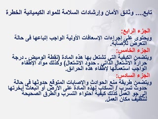 ‫تابع‬
....
‫ال‬ ‫الكيميائية‬ ‫للمواد‬ ‫السالمة‬ ‫وإرشادات‬ ‫األمان‬ ‫وثائق‬
‫خطرة‬
‫الرابع‬ ‫الجزء‬
:
‫حالة‬ ‫فى‬ ‫إتباعها‬ ‫الواجب‬ ‫األولية‬ ‫اإلسعافات‬ ‫إجراءات‬ ‫على‬ ‫ويحتوى‬
‫لإلصابة‬ ‫التعرض‬
.
‫الخامس‬ ‫الجزء‬
:
‫المادة‬ ‫هذه‬ ‫بها‬ ‫تشتعل‬ ‫التي‬ ‫الكيفية‬ ‫ويتضمن‬
(
‫د‬ ‫ـ‬ ‫الوميض‬ ‫نقطة‬
‫رجة‬
‫االشتعال‬ ‫حدود‬ ‫ـ‬ ‫الذاتي‬ ‫االشتعال‬ ‫حرارة‬
)
‫اإلطفاء‬ ‫مواد‬ ‫وكذلك‬
‫الحرائق‬ ‫هذه‬ ‫إلطفاء‬ ‫استعمالها‬ ‫الواجب‬
.
‫السادس‬ ‫الجزء‬
:
‫حال‬ ‫فى‬ ‫حدوثها‬ ‫المتوقع‬ ‫واإلصابات‬ ‫الحوادث‬ ‫منع‬ ‫طريقة‬ ‫ويتضمن‬
‫ة‬
‫تسرب‬ ‫حدوث‬
/
‫أبخرته‬ ‫انبعاث‬ ‫أو‬ ‫األرض‬ ‫على‬ ‫المادة‬ ‫لهذه‬ ‫انسكاب‬
‫ا‬
‫الصحيحة‬ ‫والطرق‬ ‫التسرب‬ ‫احتواء‬ ‫كيفية‬ ‫كذلك‬ ‫العمل‬ ‫جو‬ ‫إلى‬
‫العمل‬ ‫مكان‬ ‫لتنظيف‬
.
 