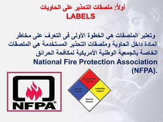 ‫ا‬‫ال‬‫أو‬
:
‫الحاويات‬ ‫على‬ ‫التحذير‬ ‫ملصقات‬
LABELS
‫مخاط‬ ‫على‬ ‫التعرف‬ ‫فى‬ ‫األولى‬ ‫الخطوة‬ ‫هي‬ ‫الملصقات‬ ‫وتعتبر‬
‫ر‬
‫الملصق‬ ‫هي‬ ‫المستخدمة‬ ‫التحذير‬ ‫وملصقات‬ ‫الحاوية‬ ‫داخل‬ ‫المادة‬
‫ات‬
‫الحرائق‬ ‫لمكافحة‬ ‫األمريكية‬ ‫الوطنية‬ ‫بالجمعية‬ ‫الخاصة‬
National Fire Protection Association
(NFPA).
 