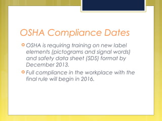 OSHA Compliance Dates
 OSHA is requiring training on new label
elements (pictograms and signal words)
and safety data sheet (SDS) format by
December 2013.
 Full compliance in the workplace with the
final rule will begin in 2016.
 