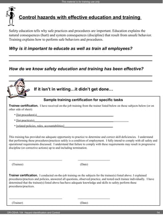 This material is for training use only

Control hazards with effective education and training
Safety education tells why safe practices and procedures are important. Education explains the
natural consequences (hurt) and system consequences (discipline) that result from unsafe behavior.
Training explains how to perform safe behaviors and procedures.

Why is it important to educate as well as train all employees?
_____________________________________________________________
_____________________________________________________________
How do we know safety education and training has been effective?
_____________________________________________________________
_____________________________________________________________
If it isn’t in writing…it didn’t get done…
Sample training certification for specific tasks
Trainee certification. I have received on-the-job training from the trainer listed below on those subjects below (or on
other side of sheet):
• [list procedure(s)__________________________________________________
• [list practice(s)____________________________________________________
• [related policies, rules, accountabilities]________________________________

This training has provided me adequate opportunity to practice to determine and correct skill deficiencies. I understand
that performing these procedures/practices safely is a condition of employment. I fully intend to comply with all safety and
operational requirements discussed. I understand that failure to comply with these requirements may result in progressive
discipline (or corrective actions) up to and including termination.

___________________________________
(Trainee)

_____________________
(Date)

Trainer certification. I conducted on-the-job training on the subjects for the trainee(s) listed above. I explained
procedures/practices and policies, answered all questions, observed practice, and tested each trainee individually. I have
determined that the trainee(s) listed above has/have adequate knowledge and skills to safety perform these
procedures/practices.

___________________________________
(Trainer)
OR-OSHA 104 Hazard Identification and Control

_____________________
(Date)
14

 