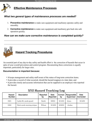 This material is for training use only

Effective Maintenance Processes
What two general types of maintenance processes are needed?
1. Preventive maintenance to make sure equipment and machinery operates safely and
smoothly.
2. Corrective maintenance to make sure equipment and machinery gets back into safe
operation quickly.

How can we make sure corrective maintenance is completed quickly?
_________________________________________________________________________________
_________________________________________________________________________________

Hazard Tracking Procedures

An essential part of any day-to-day safety and health effort is the correction of hazards that occur in
spite of your overall prevention and control program. Documenting these corrections is equally
important, particularly for larger sites.
Documentation is important because:
• It keeps management and safety staff aware of the status of long-term correction items;
• It provides a record of what occurred, should the hazard reappear at a later date; and
• It provides timely and accurate information that can be supplied to an employee who reported
the hazard.

XYZ Hazard Tracking Log
Hazard
Number

Description

Reported
by

Date
Reported

Correct
by

Responsible
Date
Supervisor Corrected

0301

Lathe #3, needs guard

Smith

9/9/03

9/15/03

Jones

0302

Dock needs warning stripes

Wilson

9/12/03

9/30/03

Jordan

OR-OSHA 104 Hazard Identification and Control

9/14/03

16

 