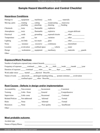 This material is for training use only

Sample Hazard Identification and Control Checklist
Hazardous Conditions
Damage to

___ equipment

___ machinery

___ tools

____ materials

Moving parts:

___ rotating
___ pinching

___ cutting
___ punching

___ reciprocating ___ transverse
___ shearing
___ bending

Chemicals

___ toxic

___ flammable

___ explosive

Atmospheres

___ toxic

___ flammable

___ explosive

___ oxygen deficient

Electrical

___ cords

___ grounding

___ exposed circuits

___ other _____________

Temperature

___ cold

___ hot

___ variation

___ other _____________

Lighting

___ too little

___ too much

___ glare

___ other _____________

Noise

___ nuisance

___ excessive

___ continuous

___ intermittent

Location

___ at elevation ___ confined space

Design

___ workstation ___ equipment

___ vehicle

___ machinery

___ water
___ materials

___ guards

Other: _______________________________________________________________________________________

Exposure/Work Practices
Number of employees exposed (may contact) hazards ____________
Frequency of exposure _____ continual ____/min ____/hr ____/shift _____/week _____/month _____/year
Duration of exposure _____ continual _____ mins ______ hrs _____ days _____ weeks
Work under stress _____ mental _____ physical Describe _____________________________________________
Nature of work: ___ piecework ___ prolonged standing/sitting ___ posture extremes ___ at elevation
___ confined space ___ other: Describe______________________________________________

Root Causes - Defects in design and/or implementation
Accountability

___ Non-existent

___ Inconsistent

___ Consistent

Training

___ Little - None

___ General

___ Comprehensive

Supervision

___ Little- none

___ Occasional

___ Continual

Related Policies ___ Not addressed

___ Informal

___ Formal

Rules

___ None

___ Informal

___ Formal

Resources

___ None

___ Poor quality

___ Insufficient

Other: _________________________________________________________________________________________

Most probable outcome
Accident type

_________________________________________________________________________

Nature of Injury/Illness

_________________________________________________________________________

OR-OSHA 104 Hazard Identification and Control

29

 