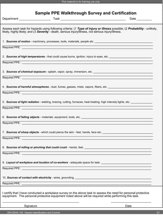 This material is for training use only

Sample PPE Walkthrough Survey and Certification
Department ___________________ Task _______________________________________

Date _________

Assess each task for hazards using following criteria: (1 Type of injury or illness possible; (2 Probability - unlikely,
likely, highly likely; and (3 Severity - death, serious injury/illness, not serious injury/illness.
1. Sources of motion - machinery, processes, tools, materials, people etc. ______________________________________
___________________________________________________________________________________________________
Required PPE: ______________________________________________________________________________________
2. Sources of high temperatures - that could cause burns, ignition, injury to eyes, etc. ____________________________
___________________________________________________________________________________________________
Required PPE: ______________________________________________________________________________________
3. Sources of chemical exposure - splash, vapor, spray, immersion, etc. _______________________________________
___________________________________________________________________________________________________
Required PPE: ______________________________________________________________________________________
4. Sources of harmful atmospheres - dust, fumes, gasses, mists, vapors, fibers, etc. _____________________________
___________________________________________________________________________________________________
Required PPE: ______________________________________________________________________________________
5. Sources of light radiation - welding, brazing, cutting, furnaces, heat treating, high intensity lights, etc. ______________
___________________________________________________________________________________________________
Required PPE: ______________________________________________________________________________________
6. Sources of falling objects - materials, equipment, tools, etc. _______________________________________________
___________________________________________________________________________________________________
Required PPE: ______________________________________________________________________________________
7. Sources of sharp objects - which could pierce the skin - feet, hands, face etc. _________________________________
___________________________________________________________________________________________________
Required PPE: ______________________________________________________________________________________
8. Sources of rolling or pinching that could crush - hands, feet. ____________________________________________
__________________________________________________________________________________________________
Required PPE: _____________________________________________________________________________________
9. Layout of workplace and location of co-workers - adequate space for task. _________________________________
__________________________________________________________________________________________________
Required PPE: _____________________________________________________________________________________
10. Sources of contact with electricity - wires, grounding, __________________________________________________
__________________________________________________________________________________________________
Required PPE: _____________________________________________________________________________________

I certify that I have conducted a workplace survey on the above task to assess the need for personal protective
equipment. The personal protective equipment noted above will be required while performing this task.
______________________________________________
Signature
OR-OSHA 104 Hazard Identification and Control

________________________
Date
31

 