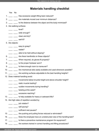 This material is for training use only

Materials handling checklist
Yes

No

1. ____ ____ Has excessive weight lifting been reduced?
2. ____ ____ Are materials moved over minimum distances?
3. ____ ____ Is the distance between the object and the body minimized?
4. Are walking surfaces:
____ ____ level?
____ ____ wide enough?
____ ____ clean and dry?
____ ____ well lit?
5. Are objects:
____ ____ easy to grasp?
____ ____ stable?
____ ____ able to be held without slipping?
6. ____ ____ Are there handholds on these objects?
7. ____ ____ When required, do gloves fit properly?
8. ____ ____ Is the proper footwear worn?
9. ____ ____ Is there enough room to maneuver?
10. ____ ____ Are mechanical aids easily available and used whenever possible?
11. ____ ____ Are working surfaces adjustable to the best handling heights?
12. Does material handling avoid:
____ ____ movements below knuckle height and above shoulder height?
____ ____ static muscle loading?
____ ____ sudden movements during handling?
____ ____ twisting at the waist?
____ ____ excessive reaching?
13. ____ ____ Is help available for heavy or awkward lifts?
14. Are high rates of repetition avoided by:
____ ____ job rotation?
____ ____ self pacing?
____ ____ sufficient rest pauses?
15. ____ ____ Are pushing and pulling forces reduced or eliminated?
16. ____ ____ Does the employee have an unobstructed view of the handling task?
17. ____ ____ Is there a preventive maintenance program for equipment?
18. ____ ____ Are workers trained in correct handling and lifting procedures?
OR-OSHA 104 Hazard Identification and Control

35

 