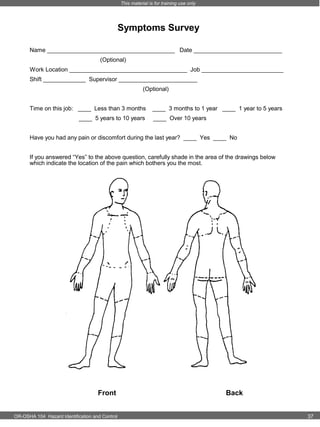 This material is for training use only

Symptoms Survey
Name _______________________________________ Date ___________________________
(Optional)
Work Location ____________________________________ Job _________________________
Shift _____________ Supervisor ________________________
(Optional)
Time on this job: ____ Less than 3 months
____ 5 years to 10 years

____ 3 months to 1 year ____ 1 year to 5 years
____ Over 10 years

Have you had any pain or discomfort during the last year? ____ Yes ____ No
If you answered “Yes” to the above question, carefully shade in the area of the drawings below
which indicate the location of the pain which bothers you the most.

Front
OR-OSHA 104 Hazard Identification and Control

Back
37

 