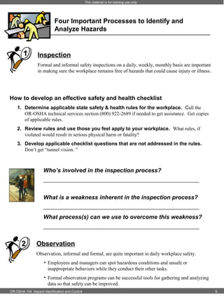 This material is for training use only

Four Important Processes to Identify and
Analyze Hazards

1

Inspection
Formal and informal safety inspections on a daily, weekly, monthly basis are important
in making sure the workplace remains free of hazards that could cause injury or illness.

How to develop an effective safety and health checklist
1. Determine applicable state safety & health rules for the workplace. Call the
OR-OSHA technical services section (800) 922-2689 if needed to get assistance. Get copies
of applicable rules.
2. Review rules and use those you feel apply to your workplace. What rules, if
violated would result in serious physical harm or fatality?
3. Develop applicable checklist questions that are not addressed in the rules.
Don’t get “tunnel vision. ”

Who’s involved in the inspection process?
________________________________________________________

What is a weakness inherent in the inspection process?
________________________________________________________

What process(s) can we use to overcome this weakness?
________________________________________________________

2

Observation
Observation, informal and formal, are quite important in daily workplace safety.
• Employees and managers can spot hazardous conditions and unsafe or
inappropriate behaviors while they conduct their other tasks.
• Formal observation programs can be successful tools for gathering and analyzing
data so that safety can be improved.

OR-OSHA 104 Hazard Identification and Control

5

 