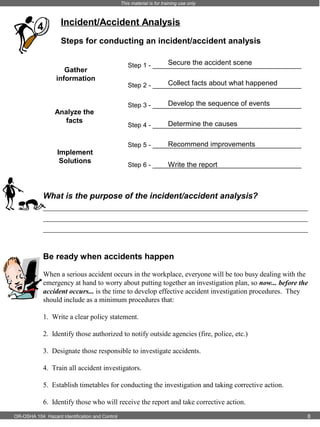 This material is for training use only

4

Incident/Accident Analysis
Steps for conducting an incident/accident analysis
Gather
information

Analyze the
facts

Implement
Solutions

Secure the accident scene
Step 1 - _________________________________________
Collect facts about what happened
Step 2 - _________________________________________
Develop the sequence of events
Step 3 - _________________________________________
Determine the causes
Step 4 - _________________________________________
Recommend improvements
Step 5 - _________________________________________
Step 6 - _________________________________________
Write the report

What is the purpose of the incident/accident analysis?
_________________________________________________________________________________
_________________________________________________________________________________
_________________________________________________________________________________

Be ready when accidents happen
When a serious accident occurs in the workplace, everyone will be too busy dealing with the
emergency at hand to worry about putting together an investigation plan, so now... before the
accident occurs... is the time to develop effective accident investigation procedures. They
should include as a minimum procedures that:
1. Write a clear policy statement.
2. Identify those authorized to notify outside agencies (fire, police, etc.)
3. Designate those responsible to investigate accidents.
4. Train all accident investigators.
5. Establish timetables for conducting the investigation and taking corrective action.
6. Identify those who will receive the report and take corrective action.
OR-OSHA 104 Hazard Identification and Control

8

 