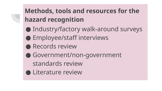 Methods, tools and resources for the
hazard recognition
● Industry/factory walk-around surveys
● Employee/staff interviews
● Records review
● Government/non-government
standards review
● Literature review
 