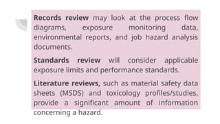 Records review may look at the process flow
diagrams, exposure monitoring data,
environmental reports, and job hazard analysis
documents.
Standards review will consider applicable
exposure limits and performance standards.
Literature reviews, such as material safety data
sheets (MSDS) and toxicology profiles/studies,
provide a significant amount of information
concerning a hazard.
 