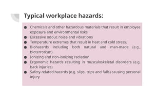 Typical workplace hazards:
● Chemicals and other hazardous materials that result in employee
exposure and environmental risks
● Excessive odour, noise and vibrations
● Temperature extremes that result in heat and cold stress.
● Biohazards including both natural and man-made (e.g.,
bioterrorism)
● Ionizing and non-ionizing radiation
● Ergonomic hazards resulting in musculoskeletal disorders (e.g.
back injuries)
● Safety-related hazards (e.g. slips, trips and falls) causing personal
injury
 