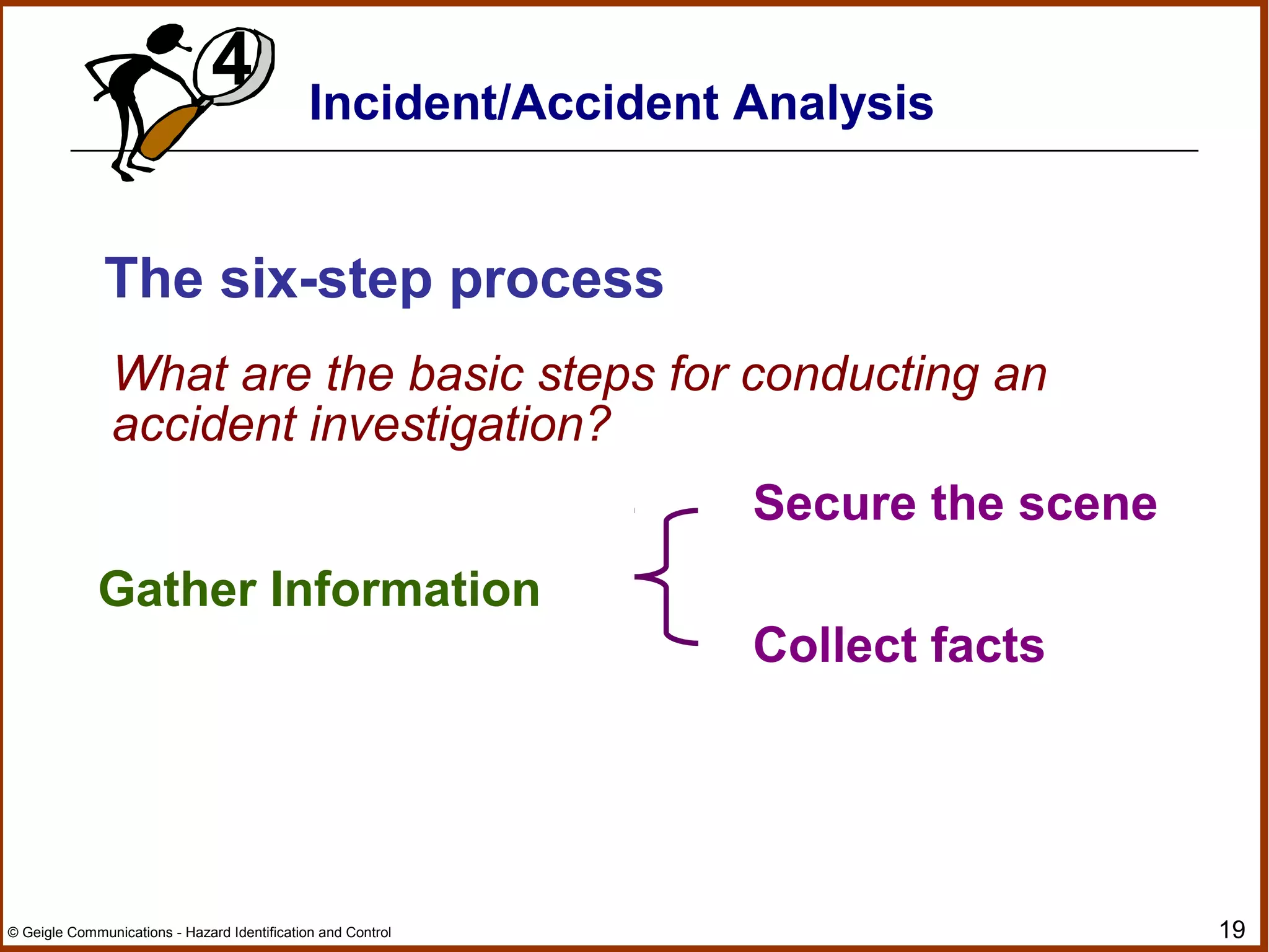 19© Geigle Communications - Hazard Identification and Control
Incident/Accident Analysis
4
What are the basic steps for conducting an
accident investigation?
The six-step process
Gather Information
Secure the scene
Collect facts
 
