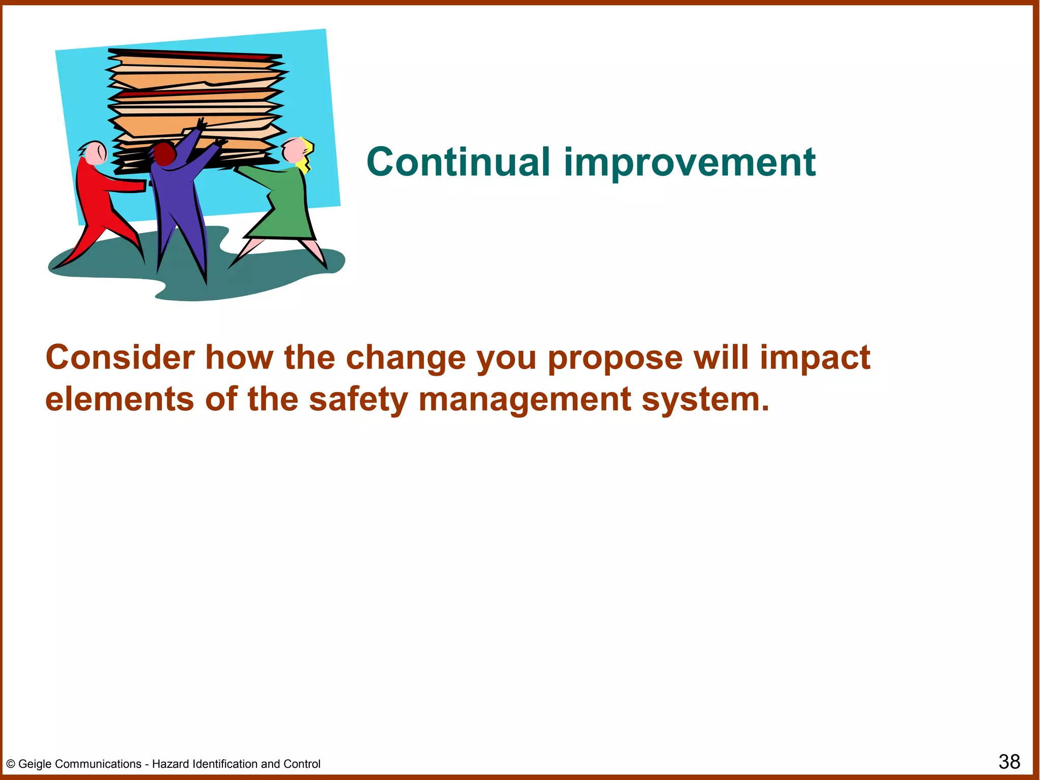 38© Geigle Communications - Hazard Identification and Control
Continual improvement
Consider how the change you propose will impact
elements of the safety management system.
 