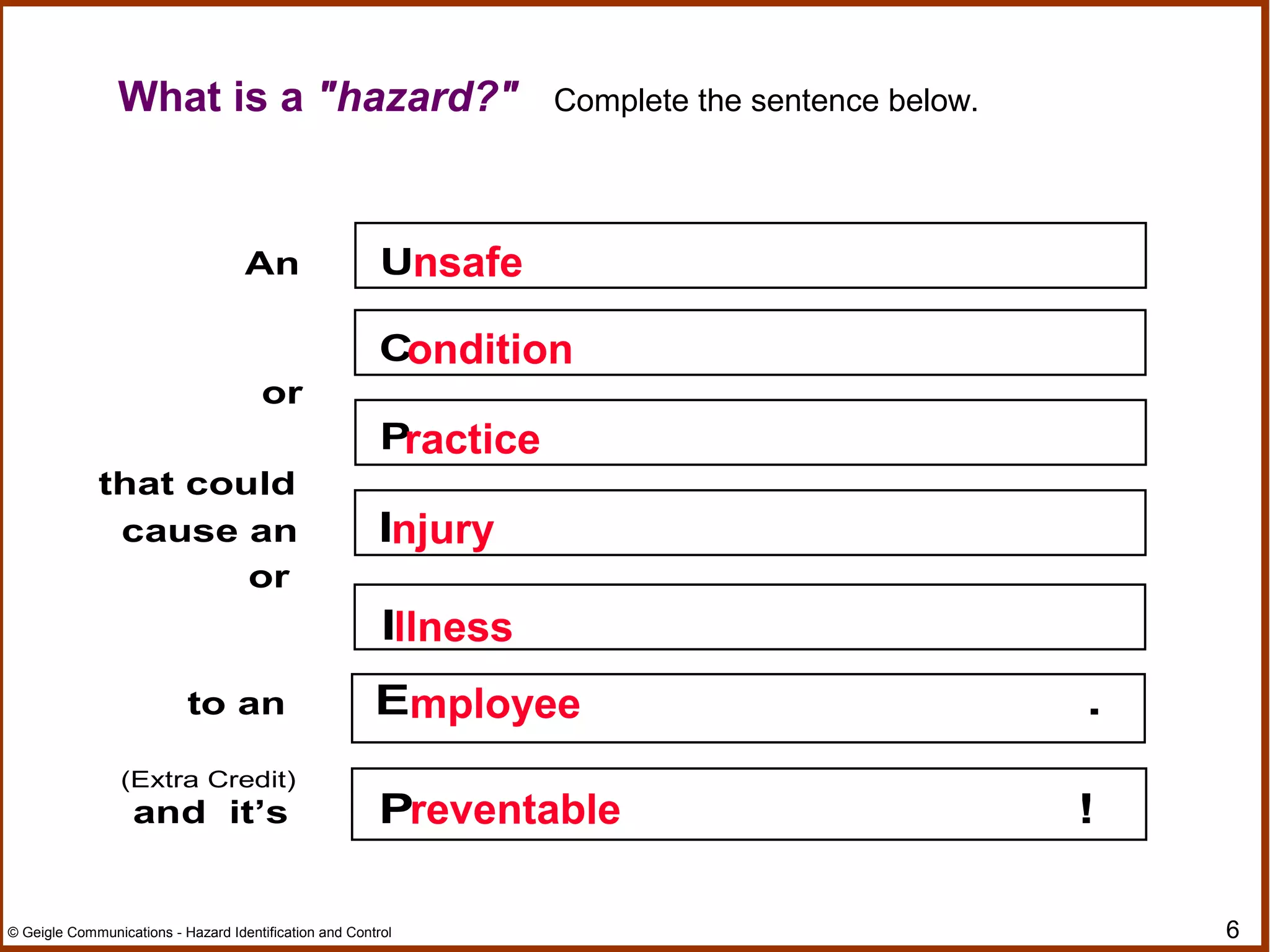 6© Geigle Communications - Hazard Identification and Control
An U
C
and it’s P !
that could
cause an I
to an E .
P
I
(Extra Credit)
or
or
What is a "hazard?" Complete the sentence below.
nsafe
ondition
ractice
njury
llness
mployee
reventable
 