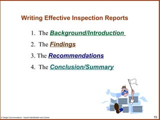 15© Geigle Communications - Hazard Identification and Control
1. The Background/Introduction
2. The Findings
3. The Recommendations
4. The Conclusion/Summary
Writing Effective Inspection Reports
 