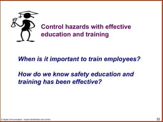 32© Geigle Communications - Hazard Identification and Control
Control hazards with effective
education and training
When is it important to train employees?
How do we know safety education and
training has been effective?
 