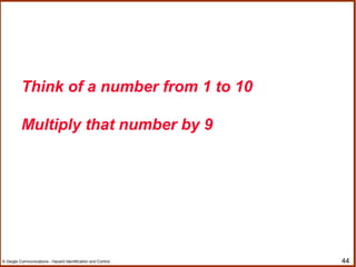 44© Geigle Communications - Hazard Identification and Control
Think of a number from 1 to 10
Multiply that number by 9
 