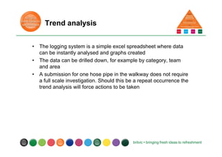 Trend analysis
• The logging system is a simple excel spreadsheet where data
can be instantly analysed and graphs created
• The data can be drilled down, for example by category, team
and area
• A submission for one hose pipe in the walkway does not require
a full scale investigation. Should this be a repeat occurrence the
trend analysis will force actions to be taken
 
