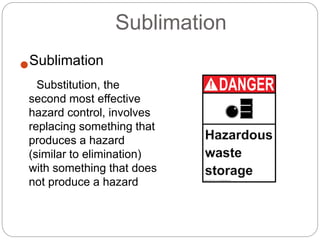 Sublimation
Sublimation
Substitution, the
second most effective
hazard control, involves
replacing something that
produces a hazard
(similar to elimination)
with something that does
not produce a hazard
 