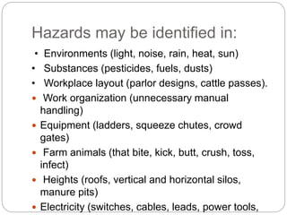 Hazards may be identified in:
• Environments (light, noise, rain, heat, sun)
• Substances (pesticides, fuels, dusts)
• Workplace layout (parlor designs, cattle passes).
 Work organization (unnecessary manual
handling)
 Equipment (ladders, squeeze chutes, crowd
gates)
 Farm animals (that bite, kick, butt, crush, toss,
infect)
 Heights (roofs, vertical and horizontal silos,
manure pits)
 Electricity (switches, cables, leads, power tools,
 