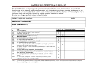 HAZARD IDENTIFICATION CHECKLIST
This checklist has been developed to provide guidance on hazard identification in industrial workplaces. It is confined to
questions that can be answered by by careful observation. It is therefore not all inclusive in coverage. Answers that do not
comply with the preset ones () indicate problem areas, which should receiver further attention. Further investigation may be
required to assess risks and make a decision on whether corrective measures are required.
Checklist item changes specific to industry indicated in italics.

FACILITY NAME AND LOCATION                                                                                                                   DATE

EVALUATION CONDUCTED BY

WORK AREA INSPECTED



         Area                                                                                              Yes       No       Comments/Action
1        General Lighting
1.1      Are light fittings clean and in good condition?                                                    
1.2      Is the work area well lit?                                                                         
1.3      Is there direct/reflected glare or shadow?                                                                   
2        Walkways/Floors
2.1      Are floor surfaces even and uncluttered?                                                           
2.2      Are floor surfaces dry and clean?                                                                  
2.3      Are walkways clearly and adequately marked?                                                        
2.4      Are walkways free from obstructions?                                                               
2.5      Are there unguarded/inadequately covered floor openings (e.g. stairway
                                                                                                                      
         floor openings, pit/trap door openings)?
2.6      Are railings provided at open-sided floors/platforms and at stairs with more
                                                                                                            
         than three risers?
2.7      Do stairs have uniform riser height and tread width?                                               
2.8      Are stairways in good condition with standard railing provided for every
                                                                                                            
         flight having four or more risers?
2.9      Are working platforms at higher levels provided with handrails and toe
                                                                                                            
         boards?
2.10     Are stand mats, platforms, or similar protection provided to protect
                                                                                                            
         employees from wet floor in wet processes

Page 1   This checklist was completely created by Sri Ramachandra Medical College & Research Institute, Chennai, India, Department of Environmental Health Engineering.
          It was revised by N Wagner. Last revision: July 2009
 