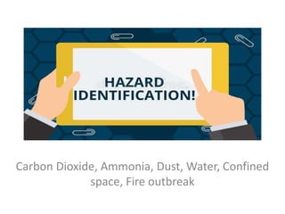 HAZARD IDENTIFICATION
Carbon Dioxide, Ammonia, Dust, Water, Confined
space, Fire outbreak
 