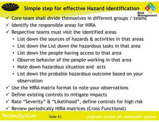Slide 63TechnoSysCon . . . . . . preferred partner for sustainable systems
 Core team shall divide themselves in different groups / teams
 Identify the responsible areas for HIRA
 Respective teams must visit the identified areas
• List down the sources of hazards & activities in that areas
• List down the List down the hazardous tasks in that area
• List down the people having access to that area
• Observe behavior of the people working in that area
• Note down hazardous situation and acts
• List down the probable hazardous outcome based on your
observation
 Use the HIRA matrix format to note your observations
 Define existing controls to mitigate impacts
 Rate “Severity” & “Likelihood”, define controls for high risk
 Review periodically HIRA matrices (Cross Functional)
Simple step for effective Hazard identification
 